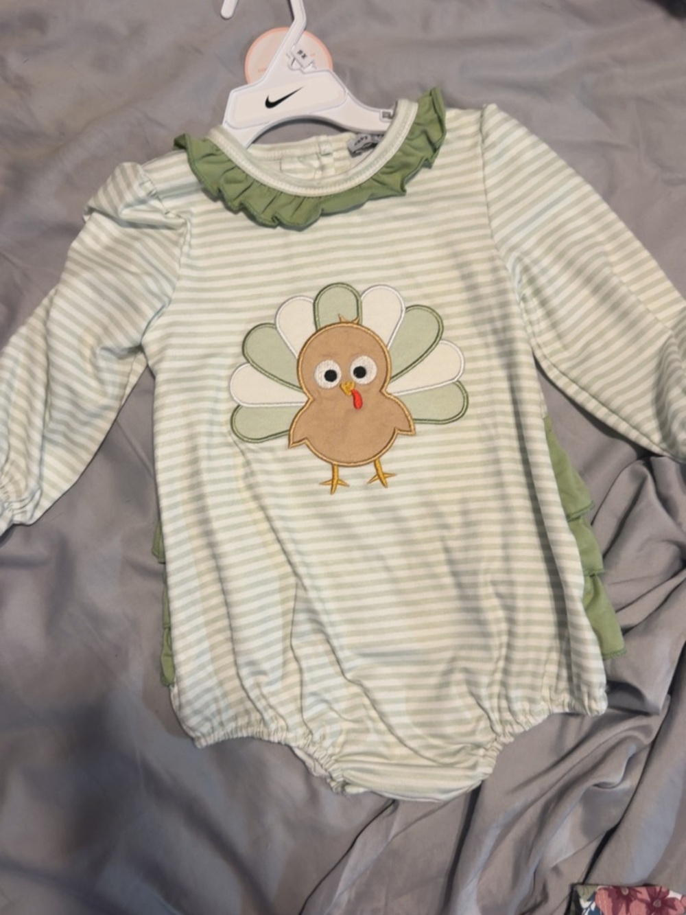 Striped Baby Romper with Turkey Applique - Green & Cream